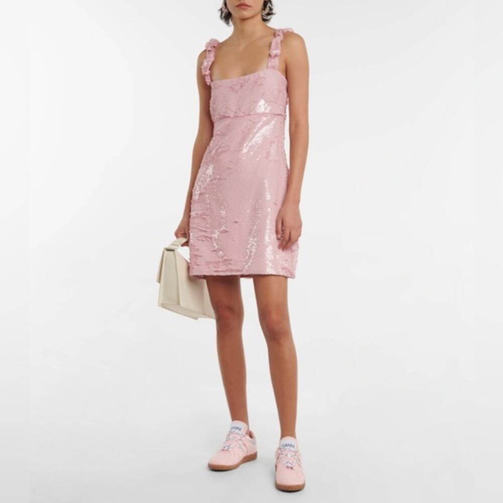 Ganni ruffle-trimmed pink sequined georgette mini dress 6